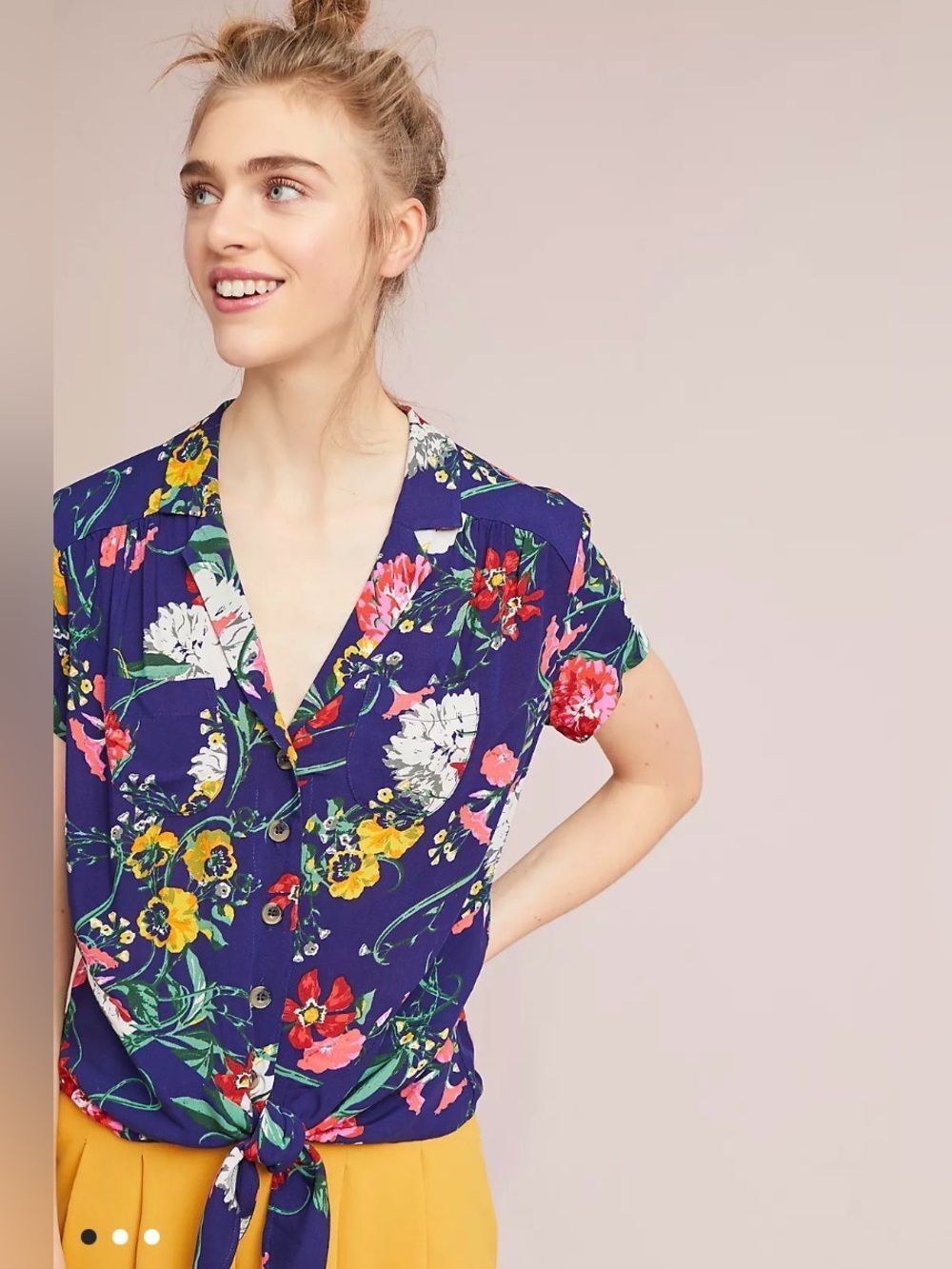 Anthropologie Maeve Bateau Blue Floral Tie Blouse Top Women’s 10P